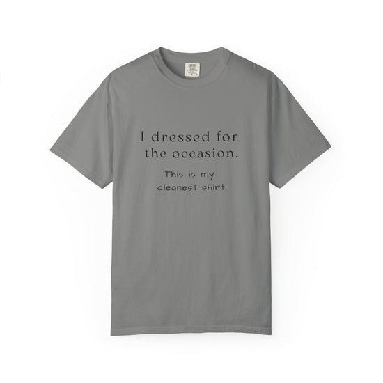 Grey t-shirt with text that says "I dressed for the occasion, this is my cleanest shirt."