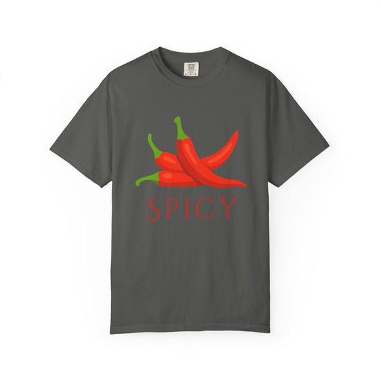 Black short-sleeve crewneck t-shirt featuring a graphic of three red chili peppers with green stems and the word 'SPICY' printed below in red, displayed on a clean white background.