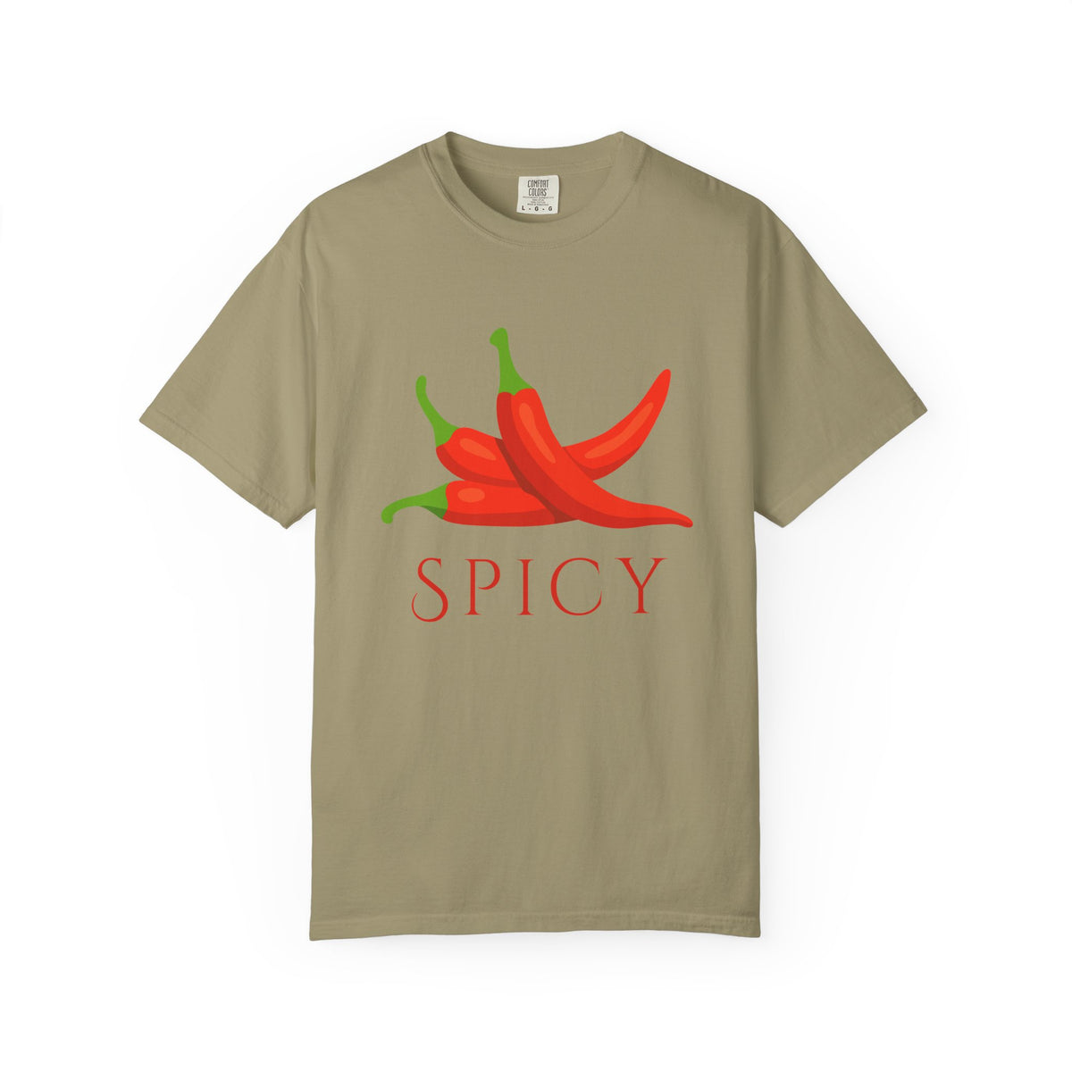 Khaki short-sleeve crewneck t-shirt featuring a graphic of three red chili peppers with green stems and the word 'SPICY' printed below in red, displayed on a clean white background.