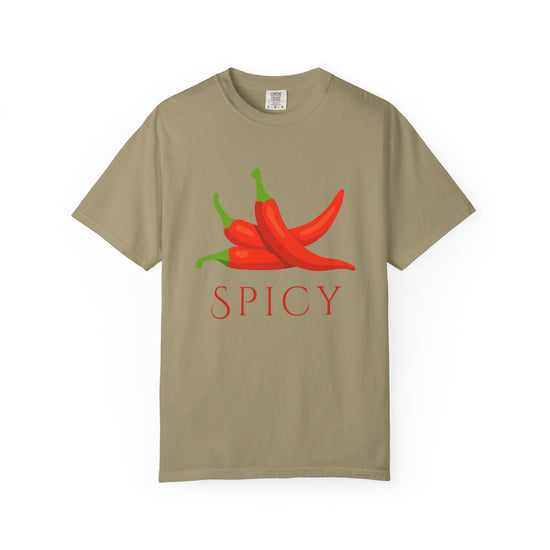 Khaki short-sleeve crewneck t-shirt featuring a graphic of three red chili peppers with green stems and the word 'SPICY' printed below in red, displayed on a clean white background.