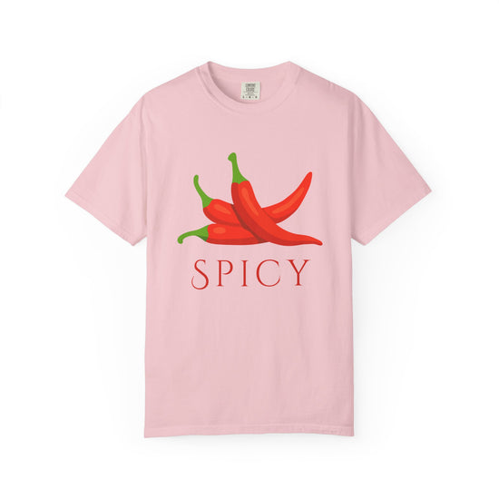 Pink short-sleeve crewneck t-shirt featuring a graphic of three red chili peppers with green stems and the word 'SPICY' printed below in red, displayed on a clean white background.