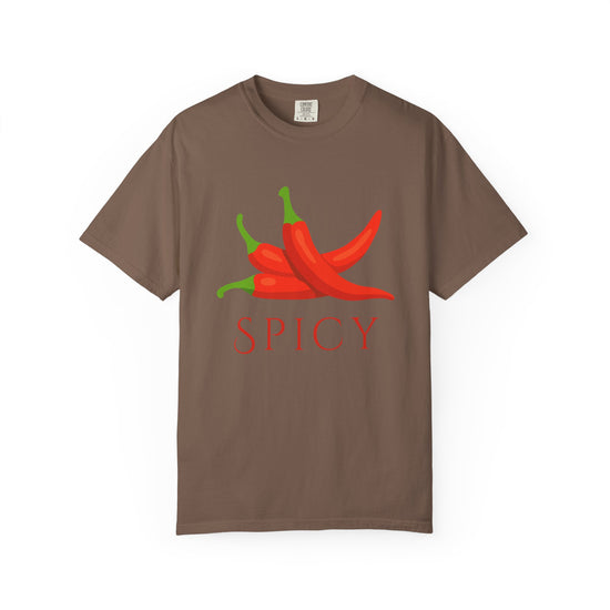 Brown short-sleeve crewneck t-shirt featuring a graphic of three red chili peppers with green stems and the word 'SPICY' printed below in red, displayed on a clean white background.