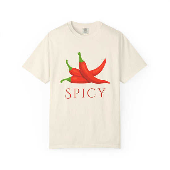 An off-white short-sleeve crewneck t-shirt featuring a graphic of three red chili peppers with green stems and the word 'SPICY' printed below in red, displayed on a clean white background.