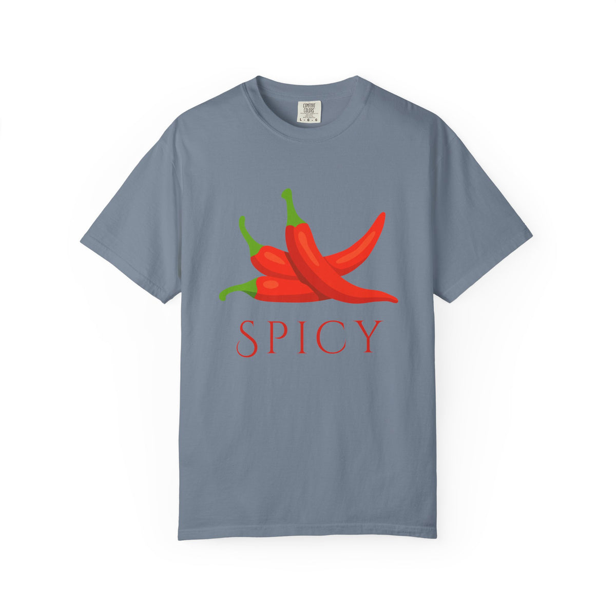 Blue  short-sleeve crewneck t-shirt featuring a graphic of three red chili peppers with green stems and the word 'SPICY' printed below in red, displayed on a clean white background.