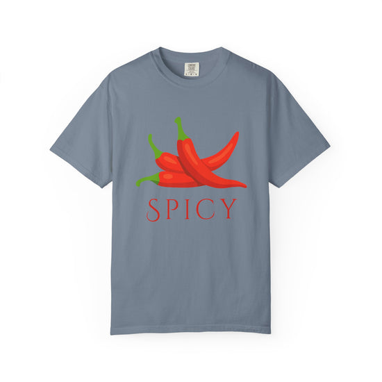 Blue  short-sleeve crewneck t-shirt featuring a graphic of three red chili peppers with green stems and the word 'SPICY' printed below in red, displayed on a clean white background.