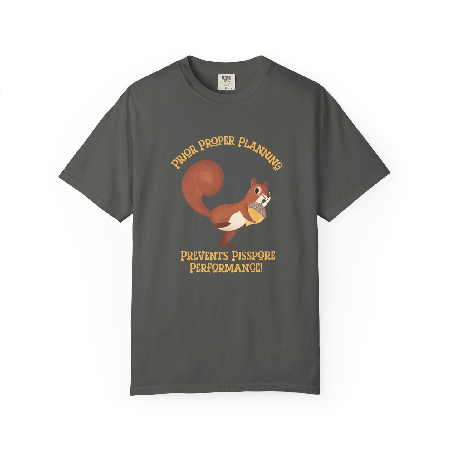 Vintage black short-sleeve crewneck t-shirt featuring a cartoon graphic of a squirrel holding an acorn, with the text 'PIOR PROPER PLANNING 'PREVENTS PISSPORE PERFORMANCE!' below in orange-yellow lettering.