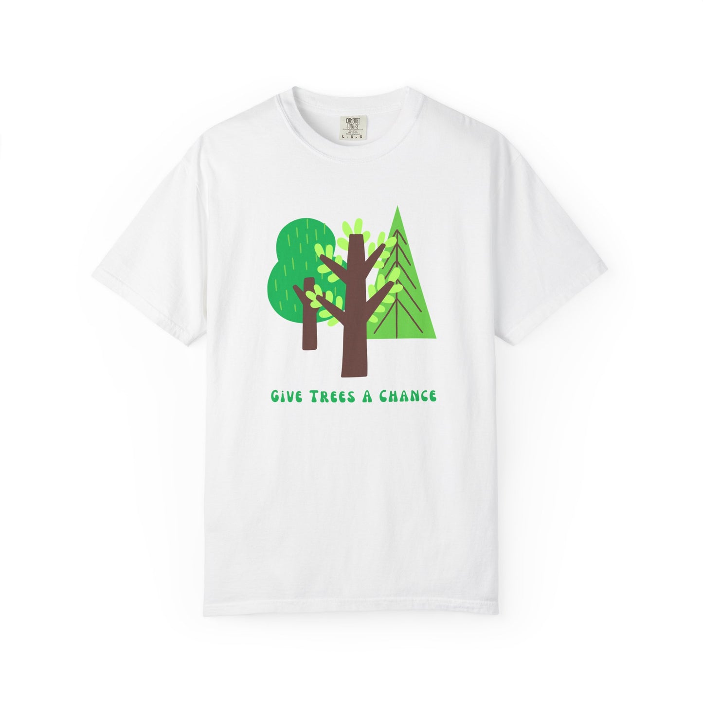White t-shirt with green trees graphic and 'Give Trees a Chance' text 