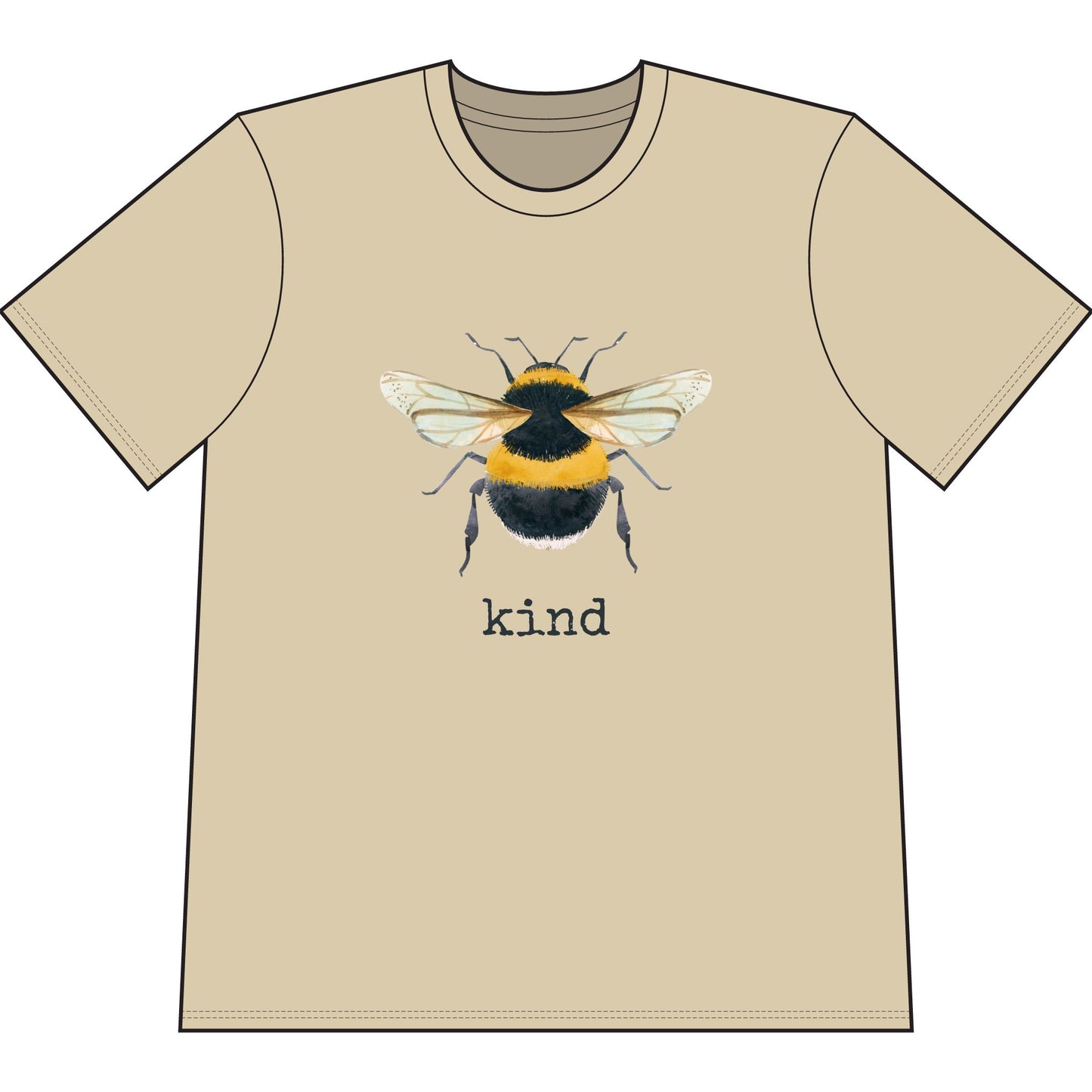 Tan organic cotton short sleeve, crew neck t-shirt has graphic of a bumble bee and text that says "kind"
