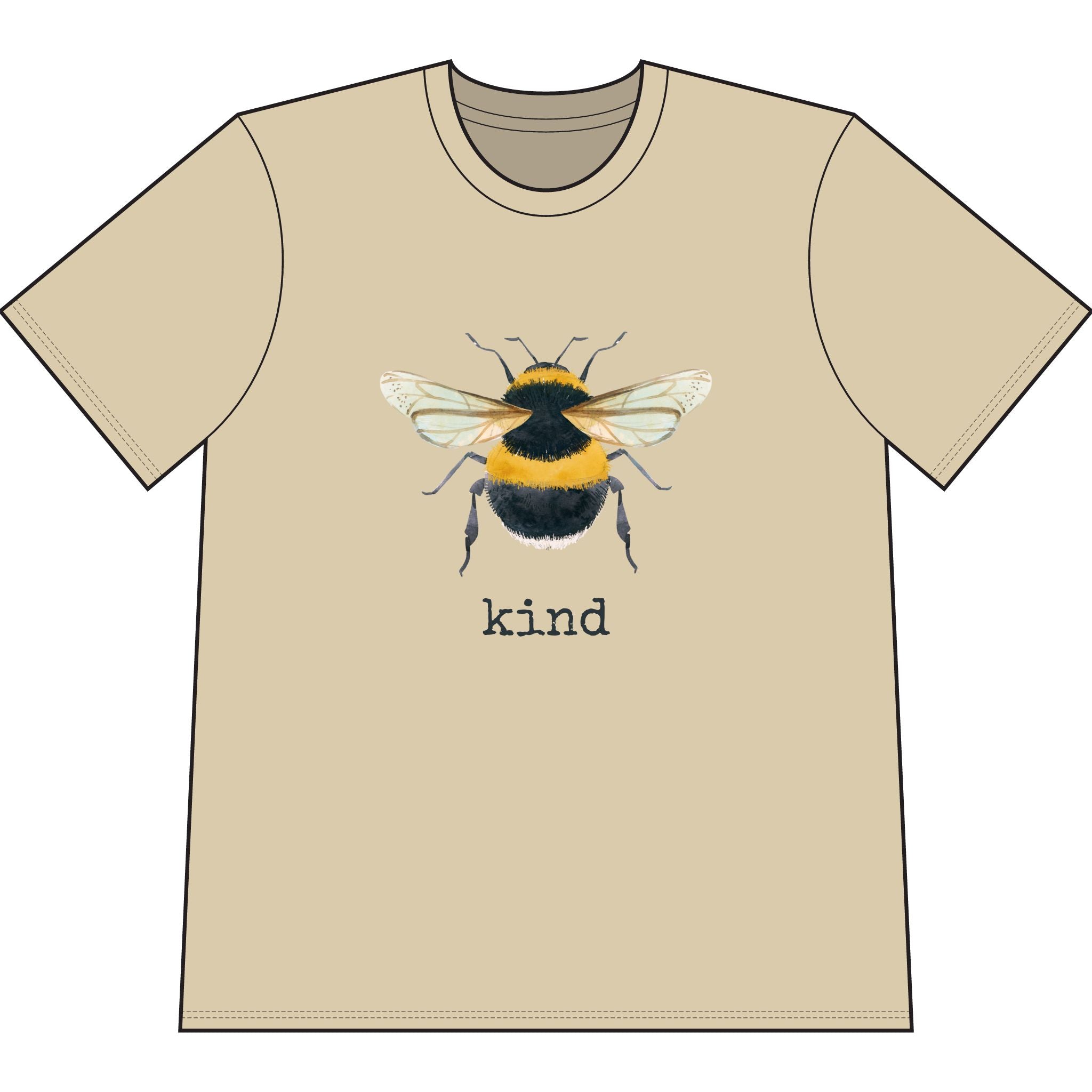 Tan organic cotton short sleeve, crew neck t-shirt has graphic of a bumble bee and text that says "kind"