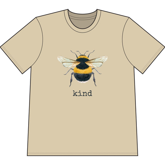 Tan organic cotton short sleeve, crew neck t-shirt has graphic of a bumble bee and text that says "kind"