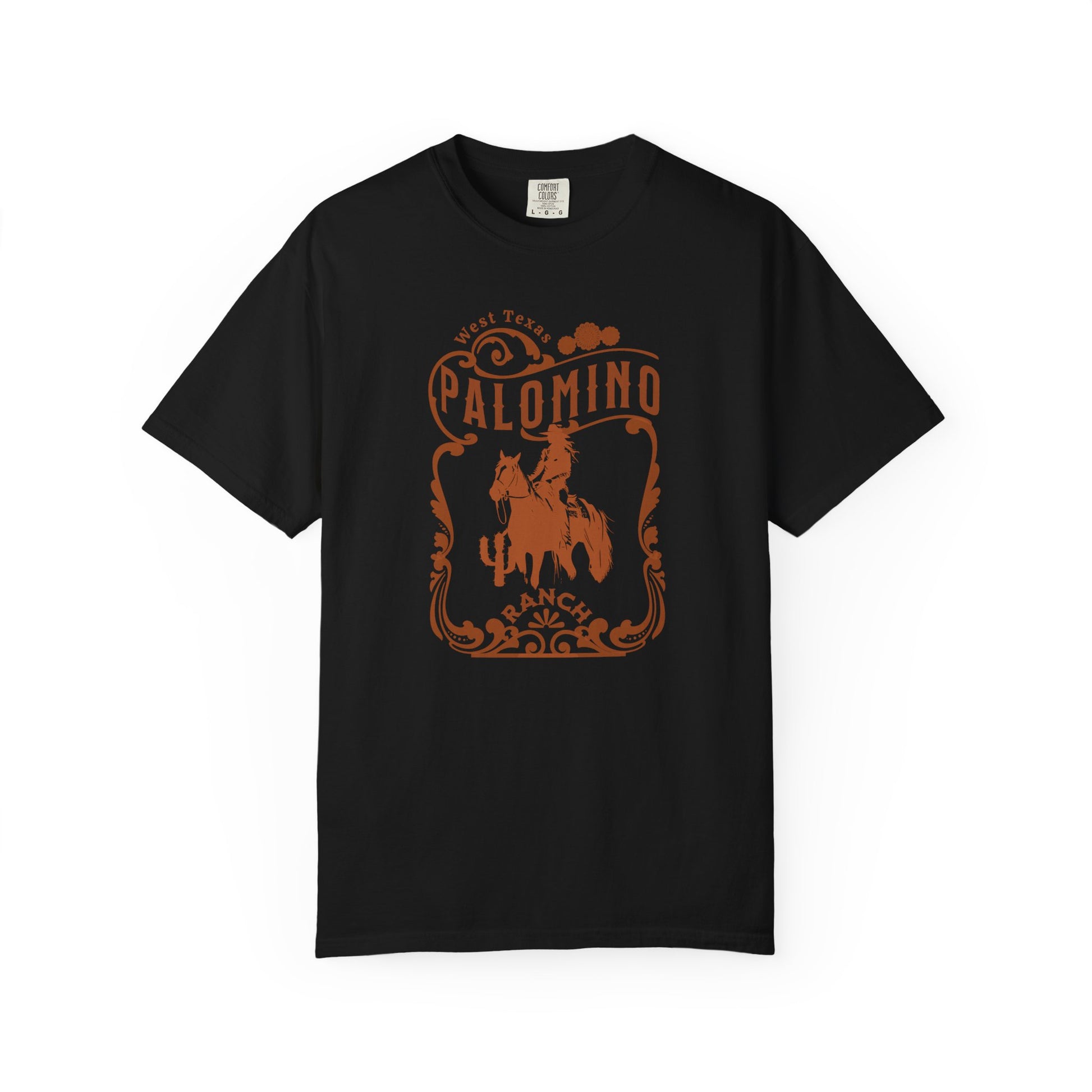 Black  t-shirt with a graphic design of a horse and rider, and 'Palomino Ranch' text 