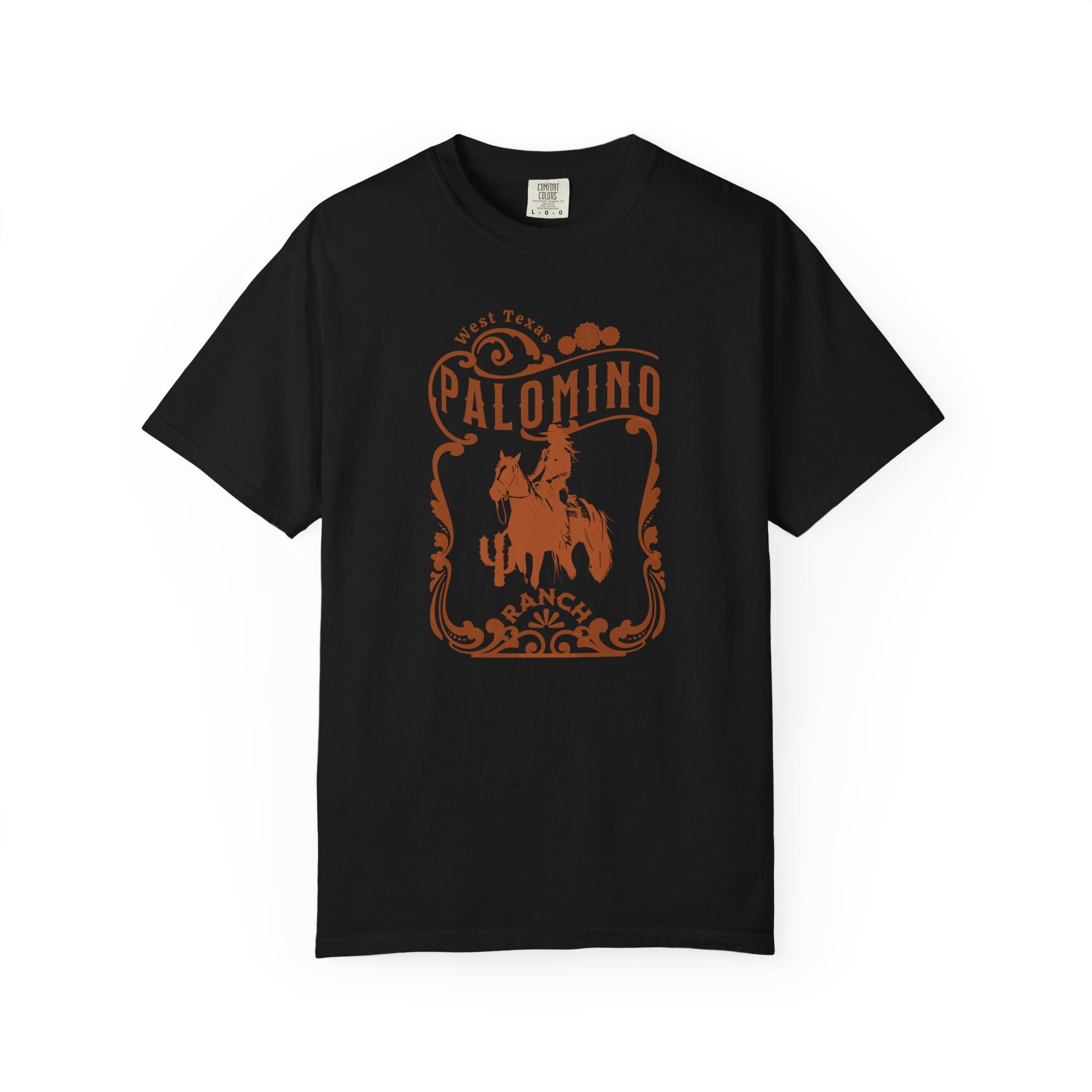 Black  t-shirt with a graphic design of a horse and rider, and 'Palomino Ranch' text 