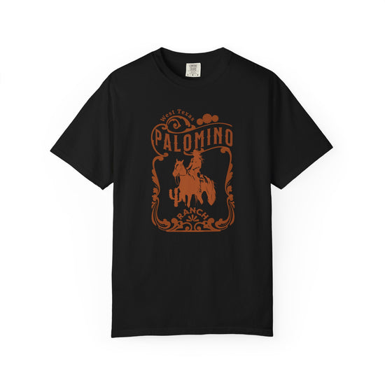 Black  t-shirt with a graphic design of a horse and rider, and 'Palomino Ranch' text 