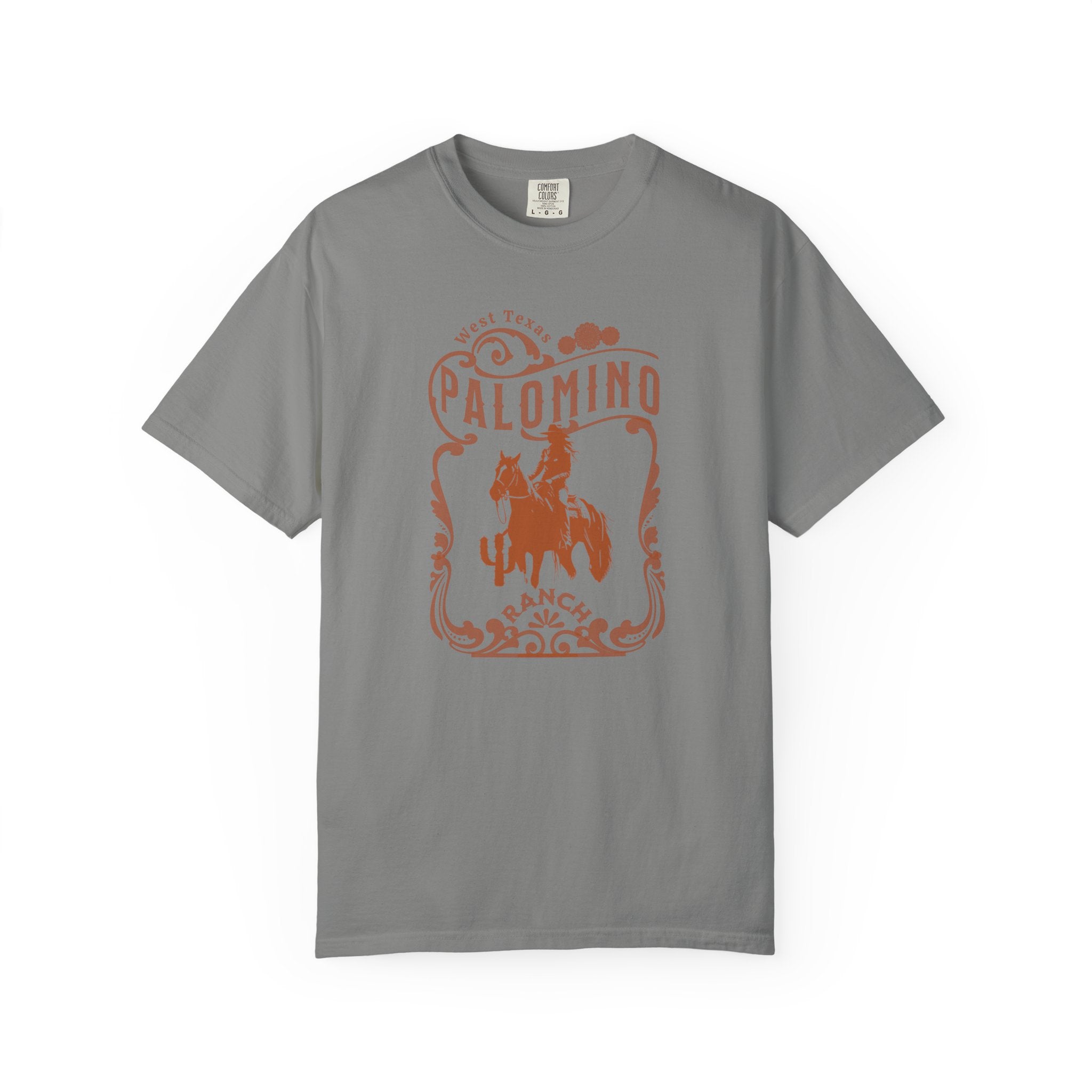 Grey t-shirt with a graphic design of a horse and rider, and 'Palomino Ranch' text 