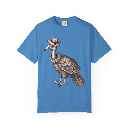 Blue t-shirt with a graphic of a vulture bird wearing a vintage hat 