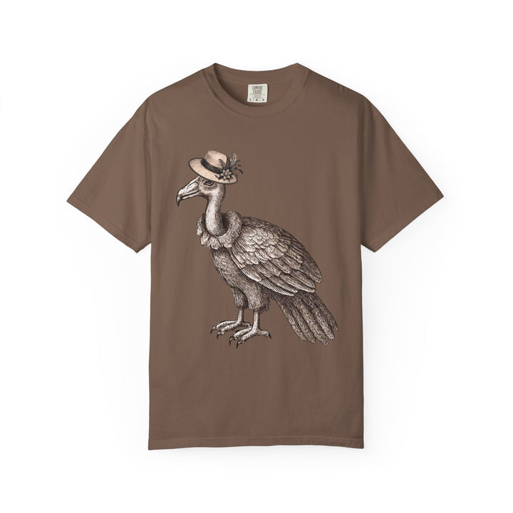 Brown t-shirt with a graphic of a vulture bird wearing a vintage hat 