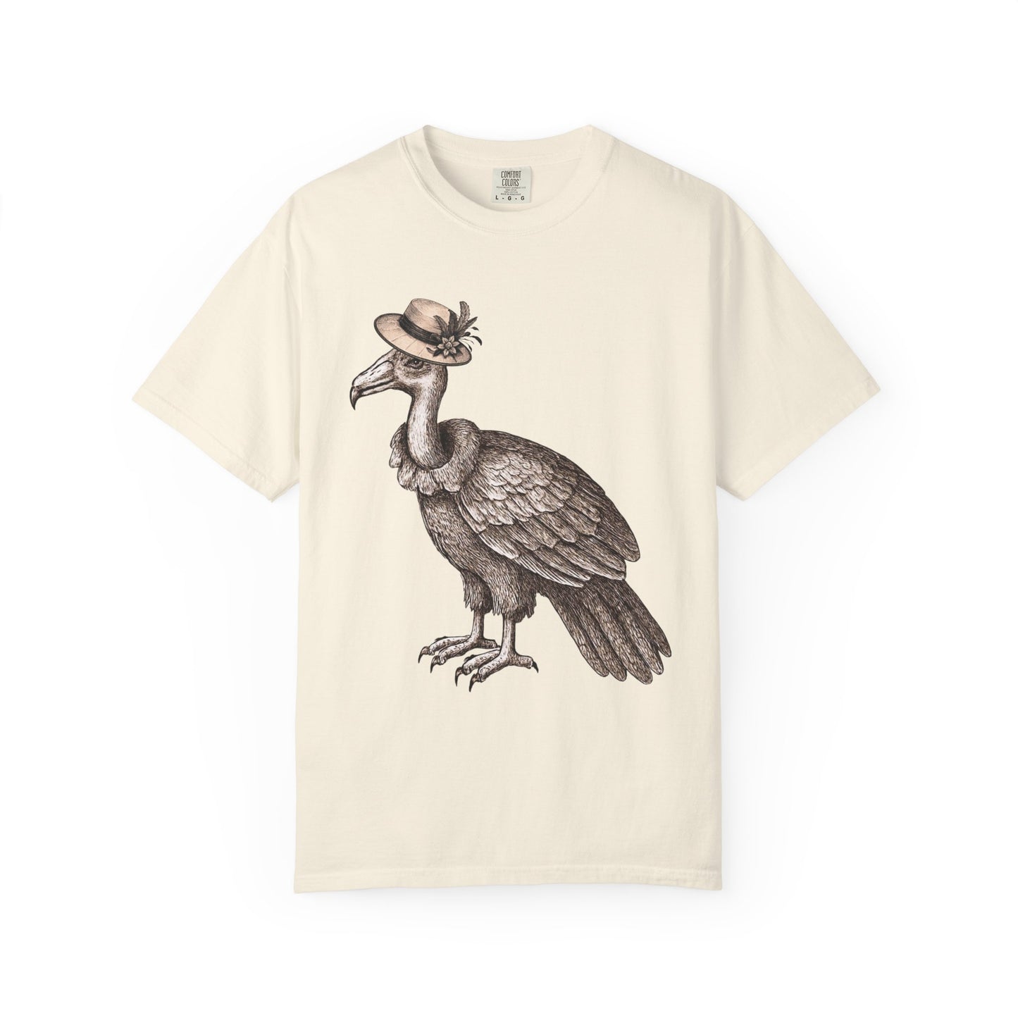 Beige t-shirt with a graphic of a vulture bird wearing a vintage hat 