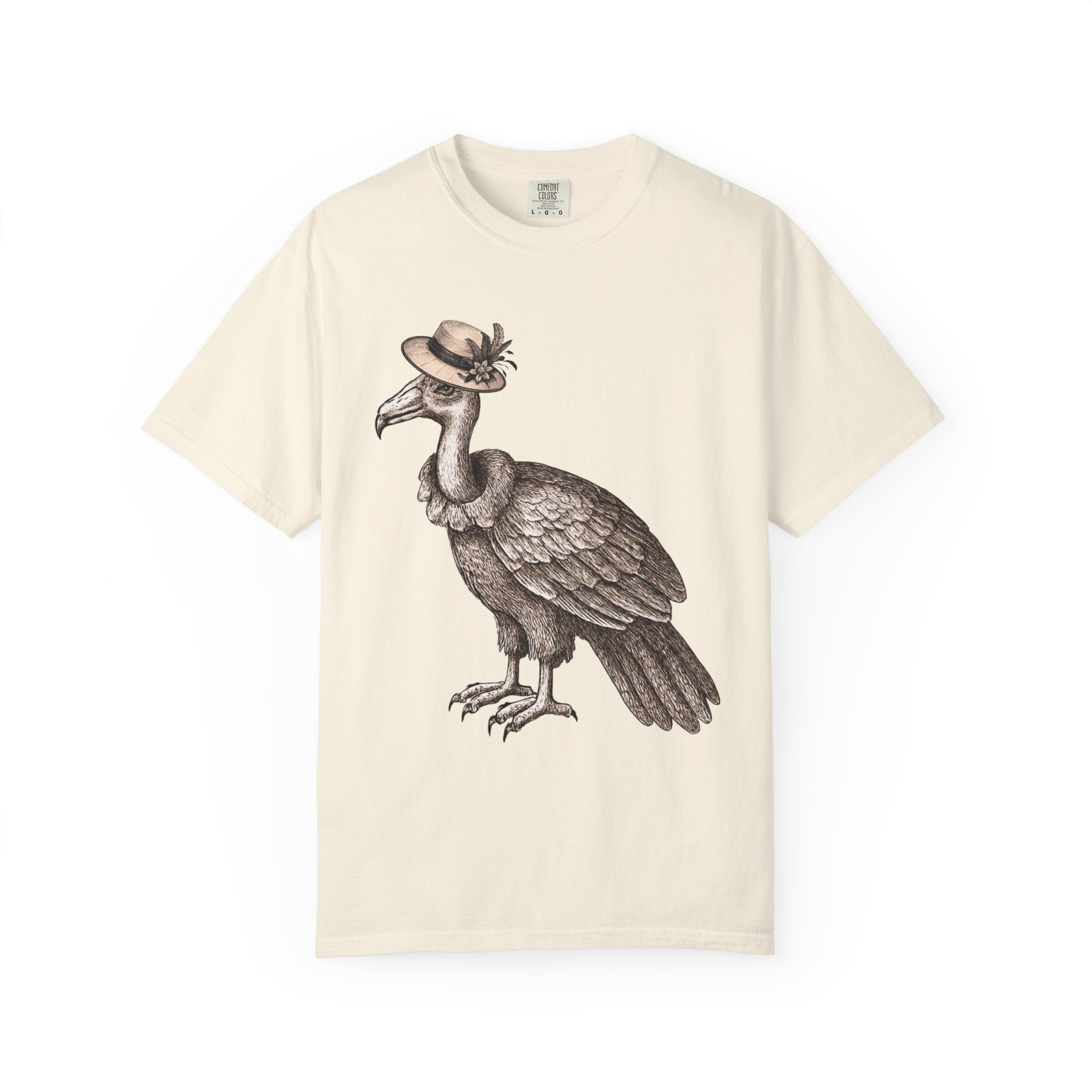 Beige t-shirt with a graphic of a vulture bird wearing a vintage hat 