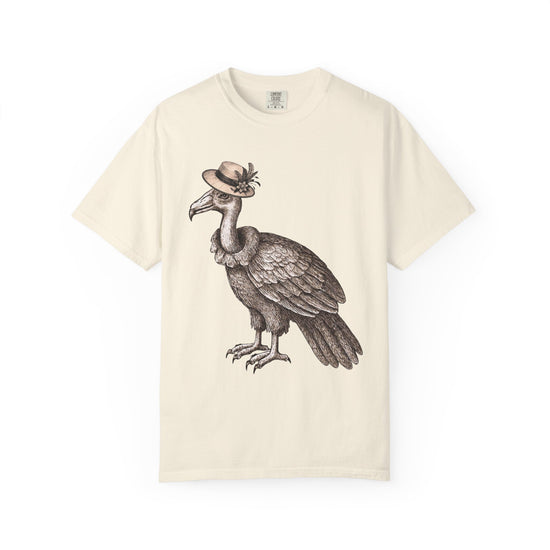 Beige t-shirt with a graphic of a vulture bird wearing a vintage hat 