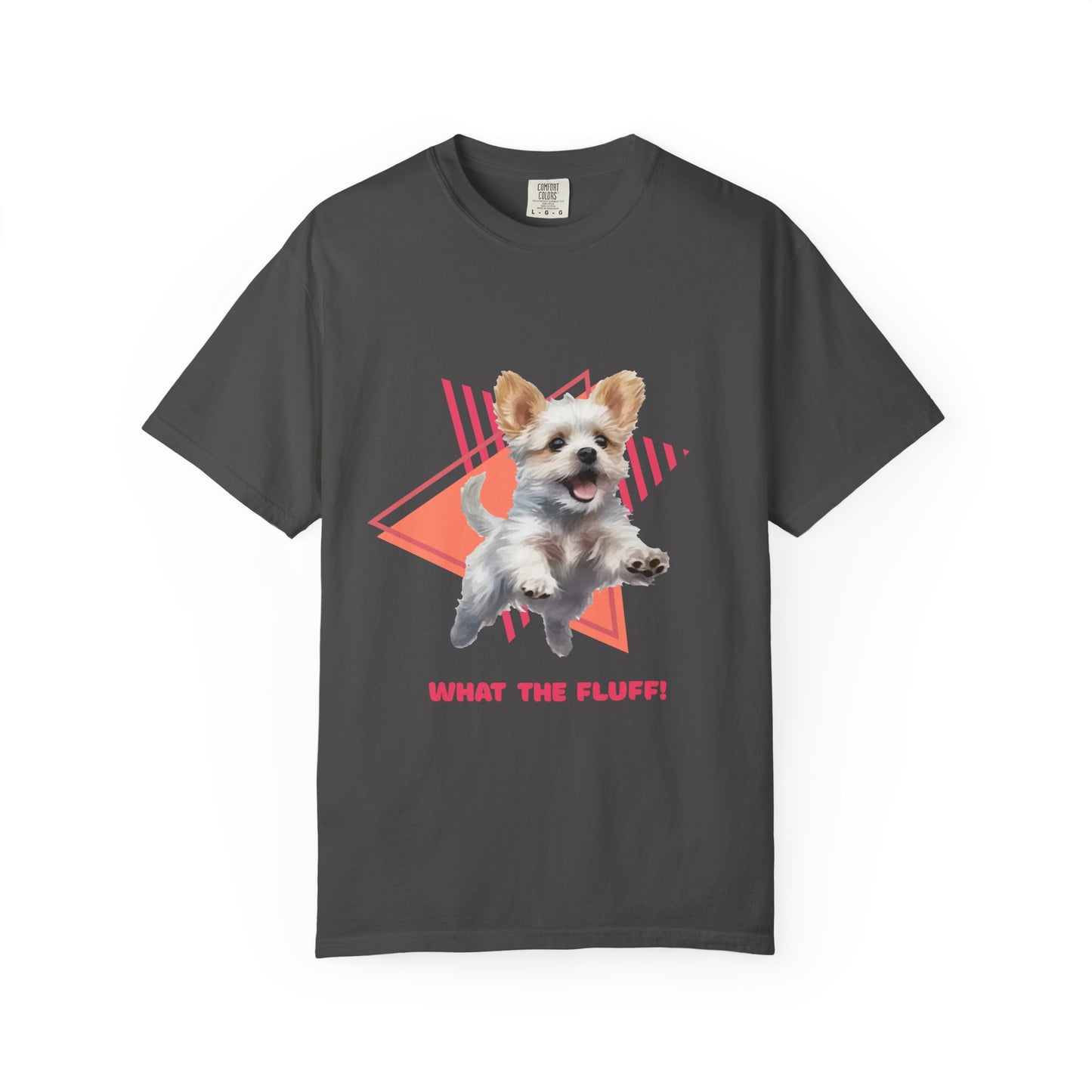 Black t-shirt with a Westie Terrier dog graphic and 'What the Fluff!' with a 90's design in the background.