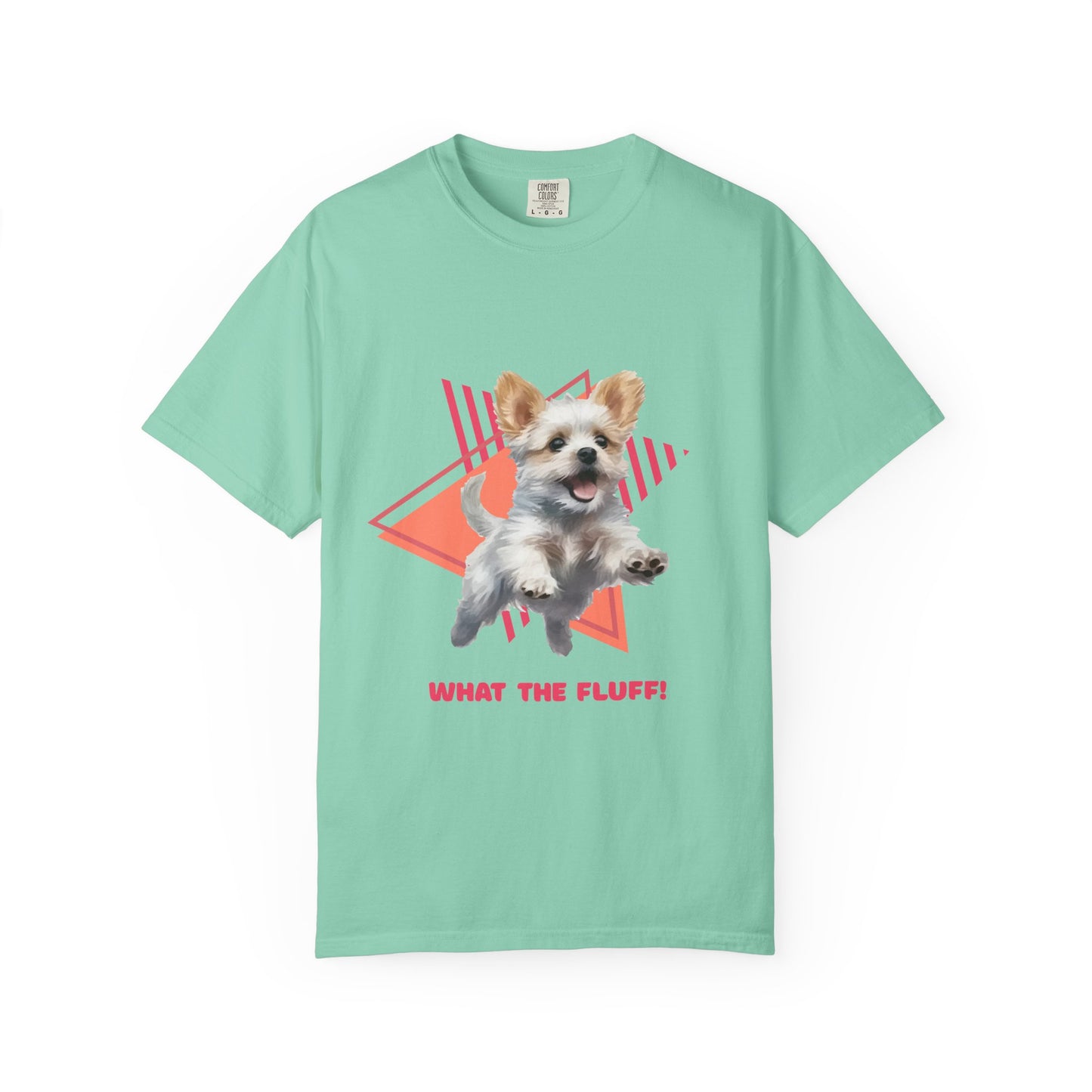 Green  t-shirt with a Westie Terrier dog graphic and 'What the Fluff!' with a 90's design in the background.