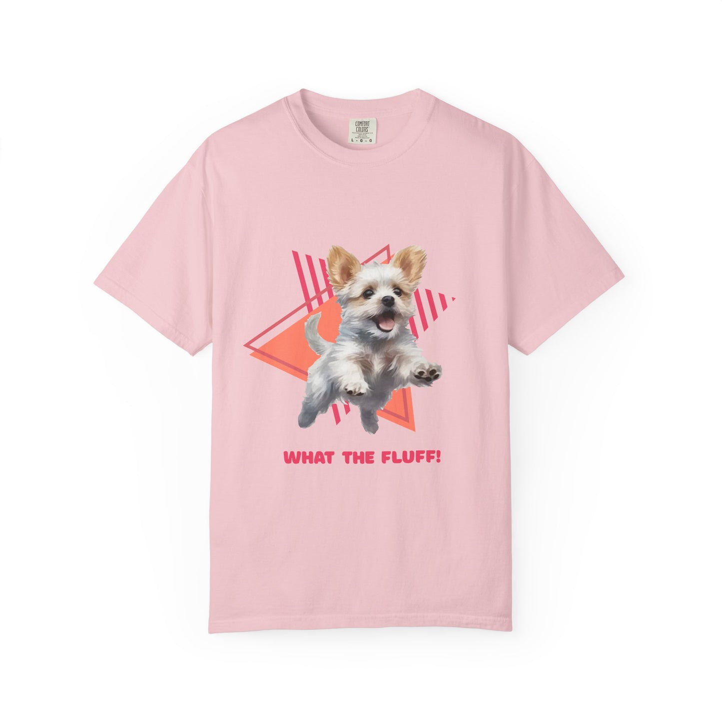 Pink t-shirt with a Westie Terrier dog graphic and 'What the Fluff!' with a 90's design in the background.