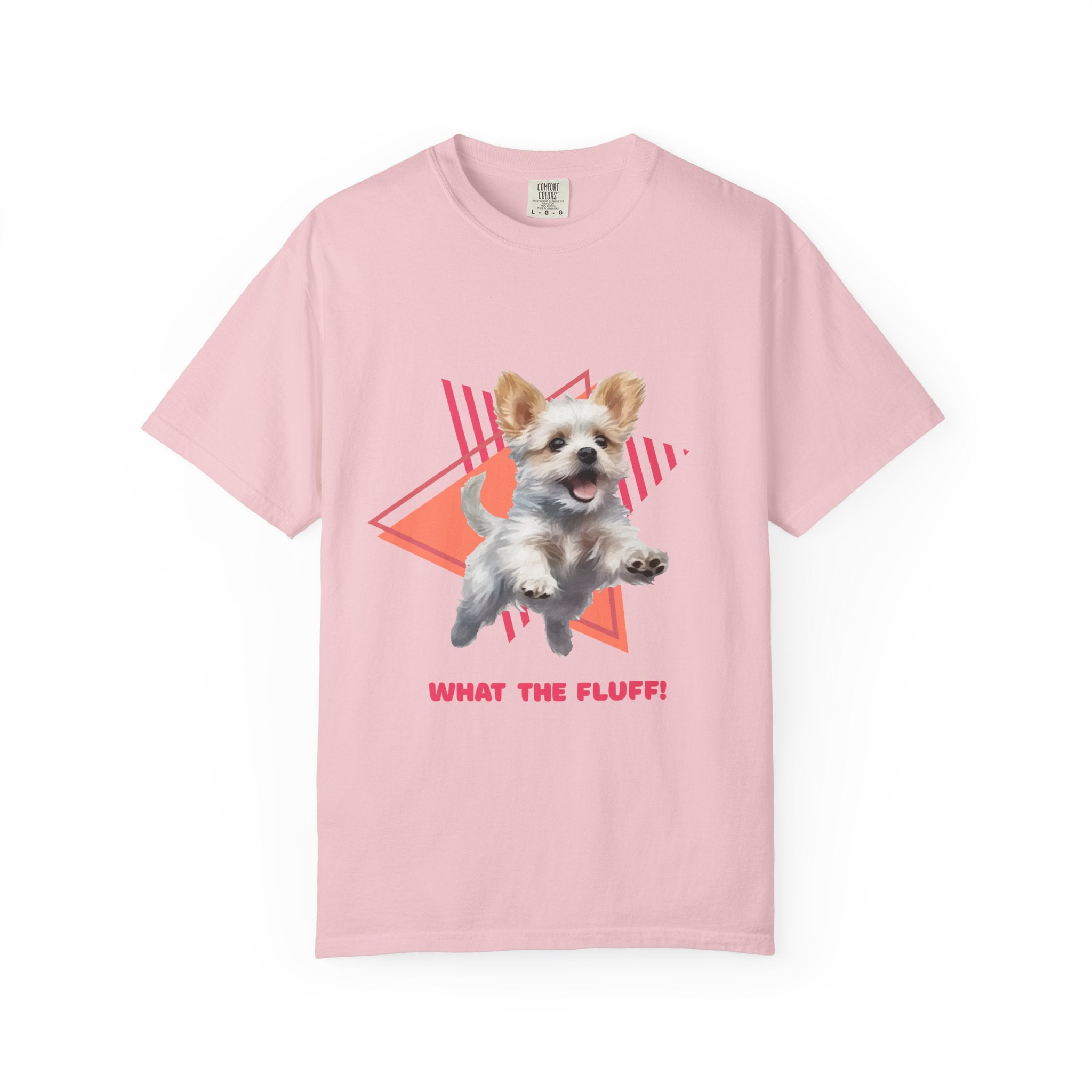 Pink t-shirt with a Westie Terrier dog graphic and 'What the Fluff!' with a 90's design in the background.