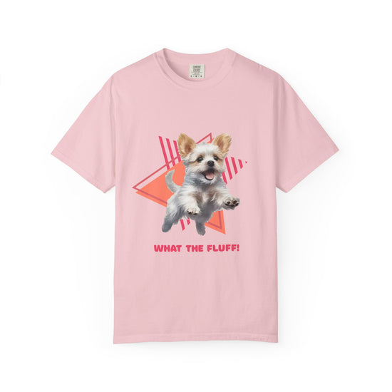Pink t-shirt with a Westie Terrier dog graphic and 'What the Fluff!' with a 90's design in the background.