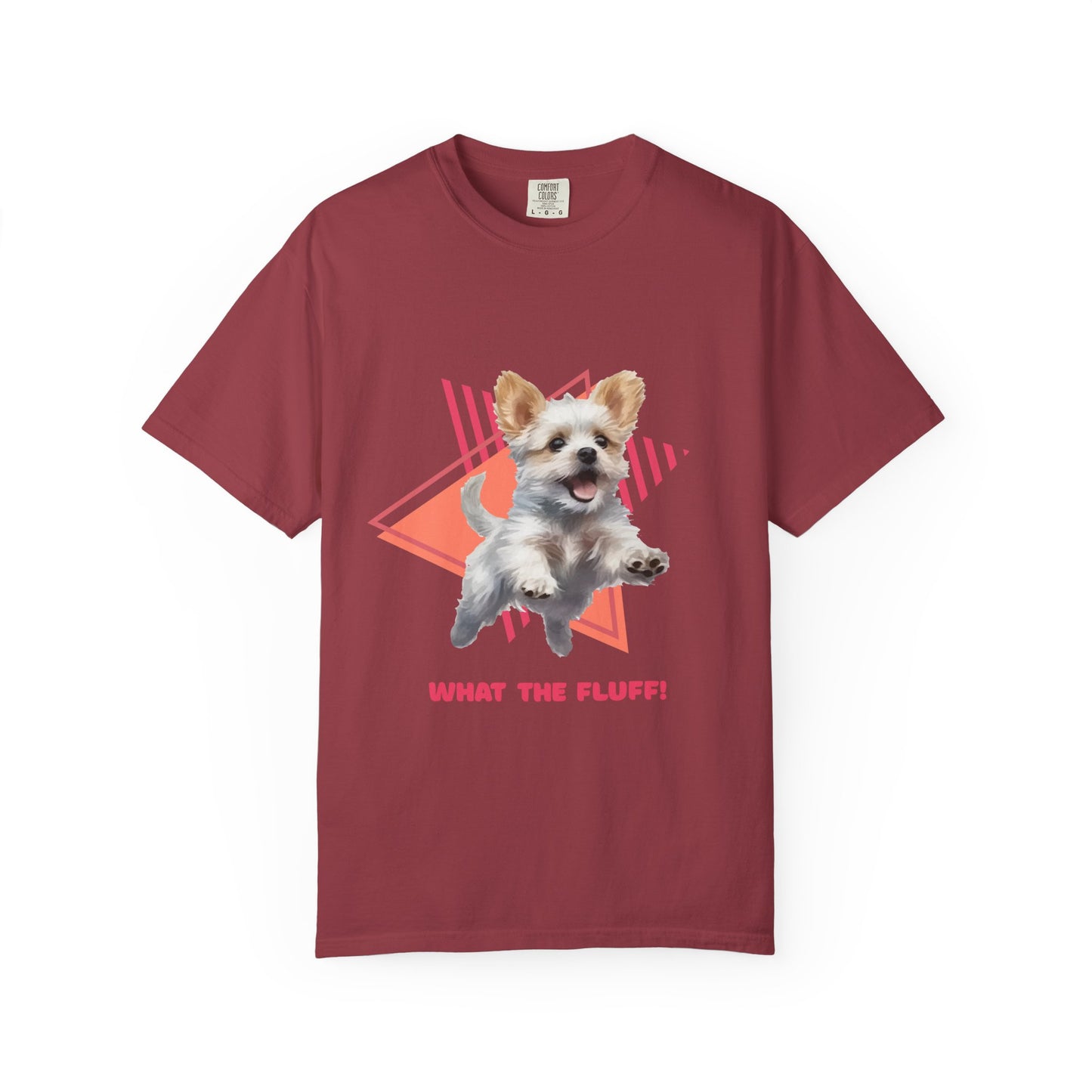 Red t-shirt with a Westie Terrier dog graphic and 'What the Fluff!' with a 90's design in the background.