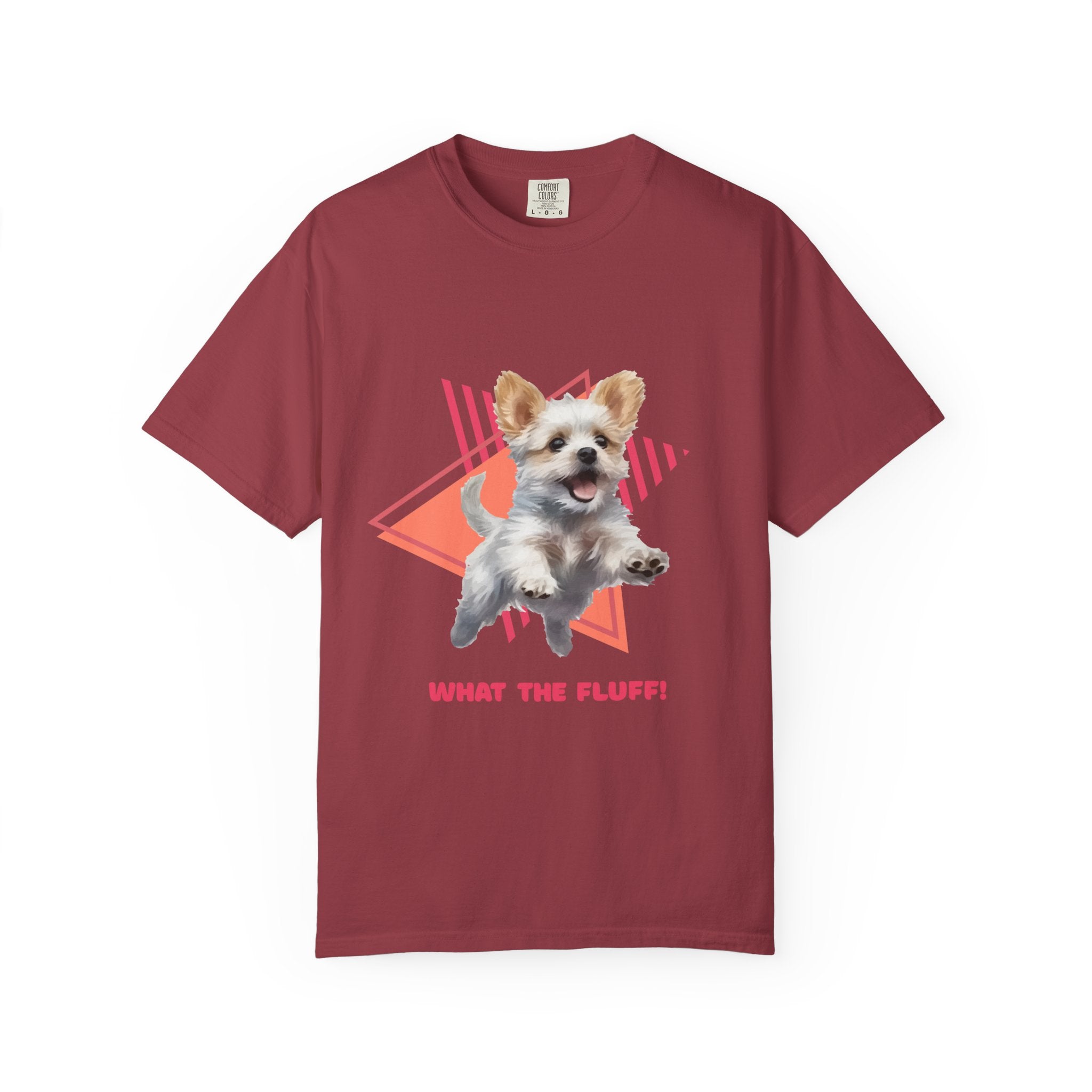 Red t-shirt with a Westie Terrier dog graphic and 'What the Fluff!' with a 90's design in the background.