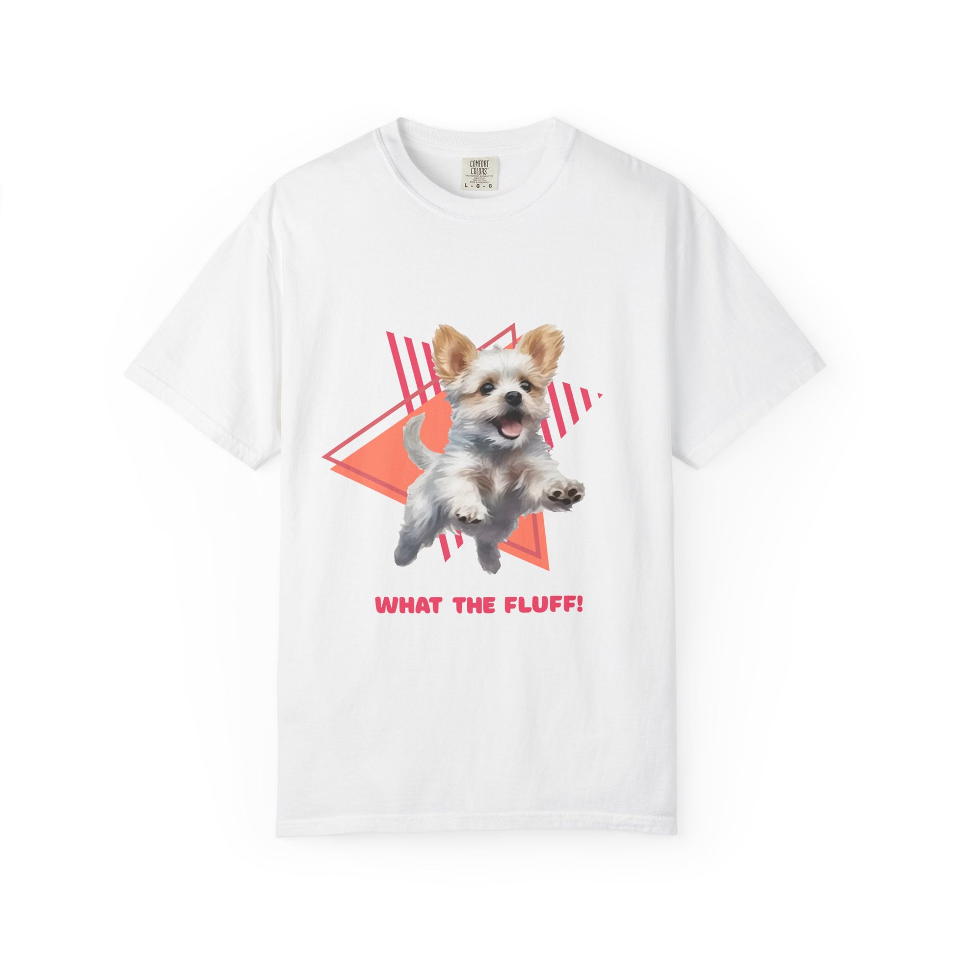 White  t-shirt with a Westie Terrier dog graphic and 'What the Fluff!' with a 90's design in the background.
