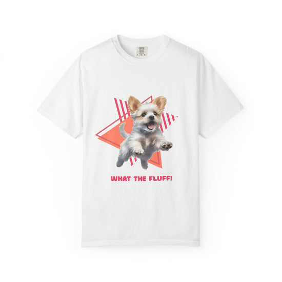 White  t-shirt with a Westie Terrier dog graphic and 'What the Fluff!' with a 90's design in the background.