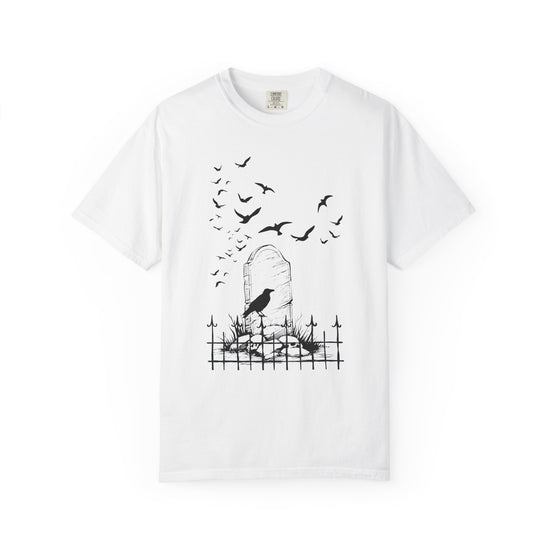 White short sleeve, crew neck t-shirt from Comfort Colors as graphic of a graveyard with crows.