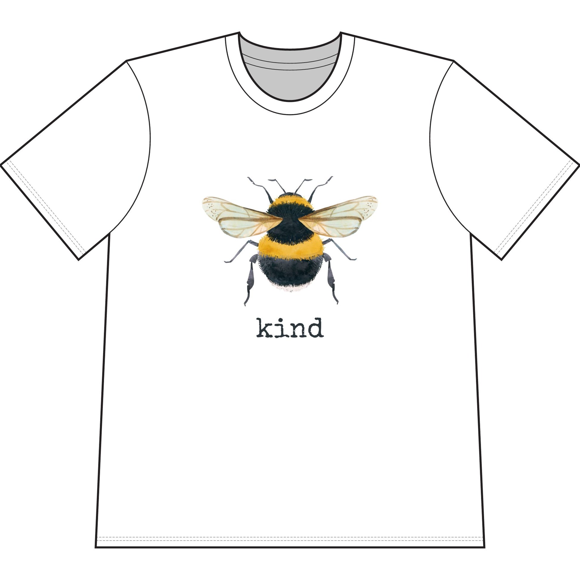 White organic cotton short sleeve, crew neck t-shirt has graphic of a bumble bee and text that says "kind"