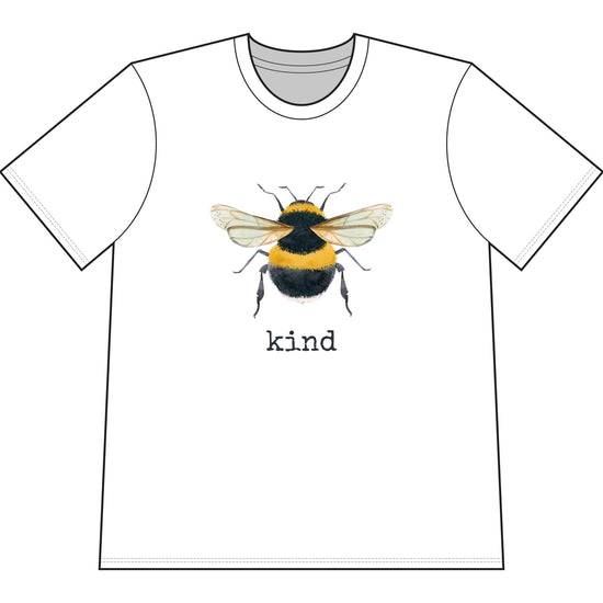 White organic cotton short sleeve, crew neck t-shirt has graphic of a bumble bee and text that says "kind"