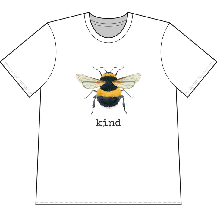 White organic cotton short sleeve, crew neck t-shirt has graphic of a bumble bee and text that says "kind"