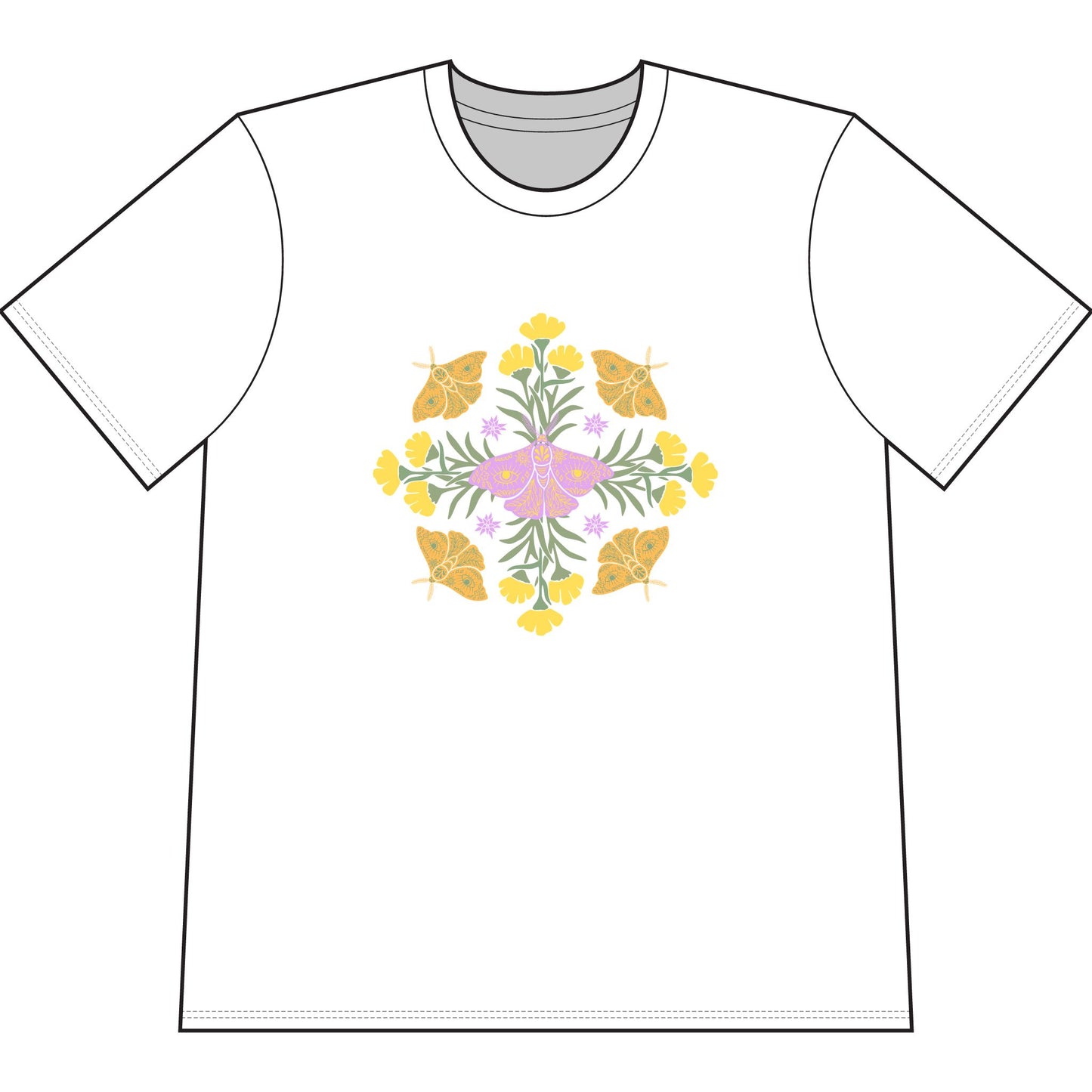 White organic cotton t-shirt with graphic of butterflies and flowers in shape of a mandala.