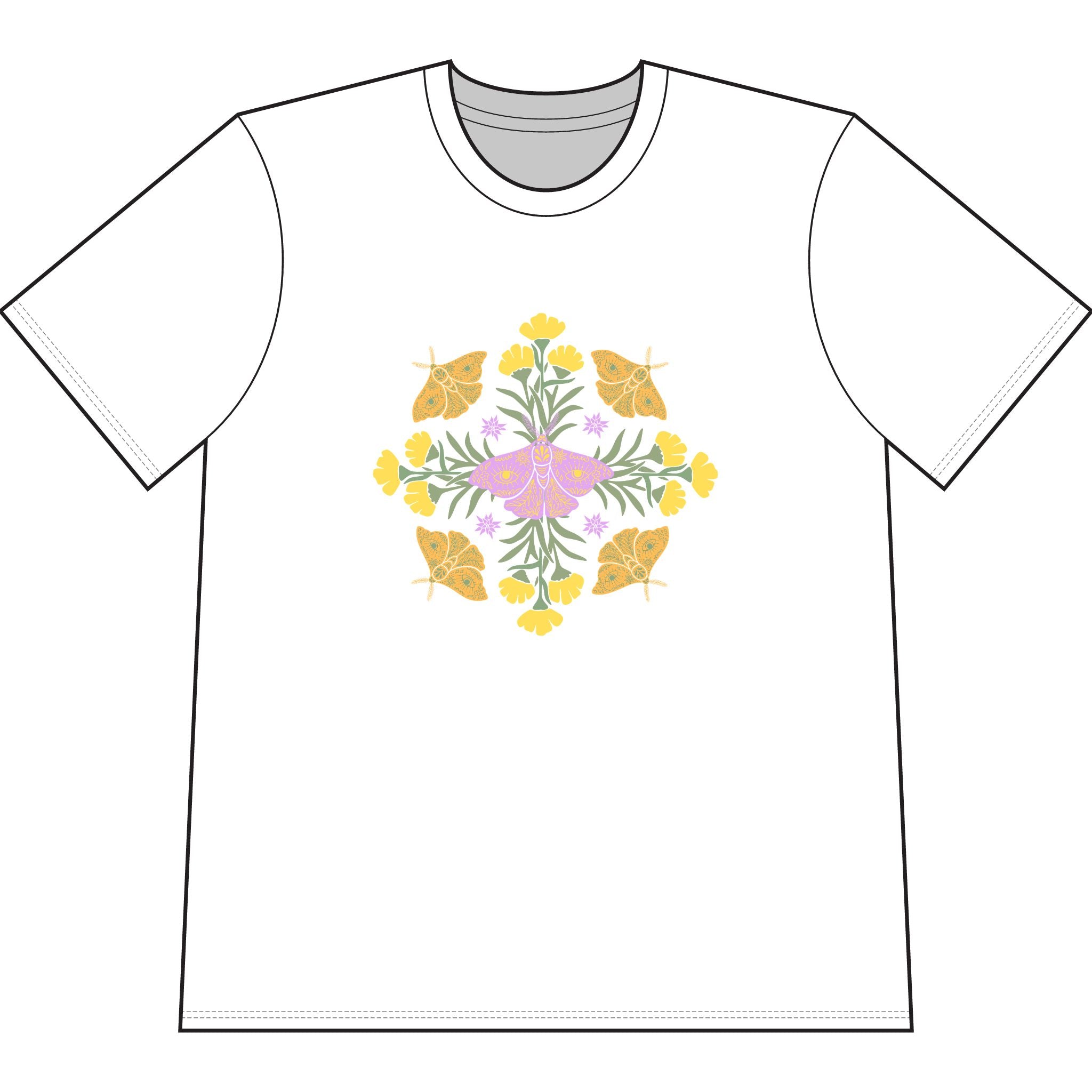 White organic cotton t-shirt with graphic of butterflies and flowers in shape of a mandala.