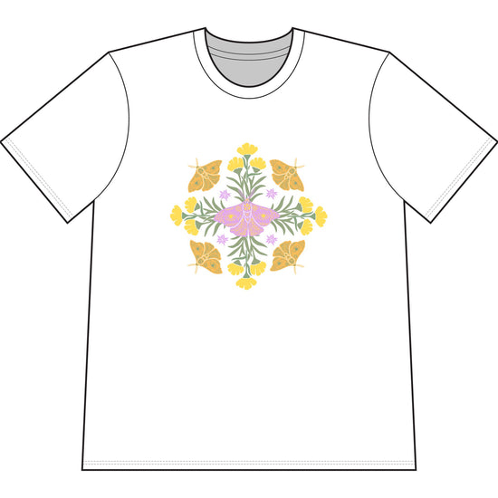 White organic cotton t-shirt with graphic of butterflies and flowers in shape of a mandala.