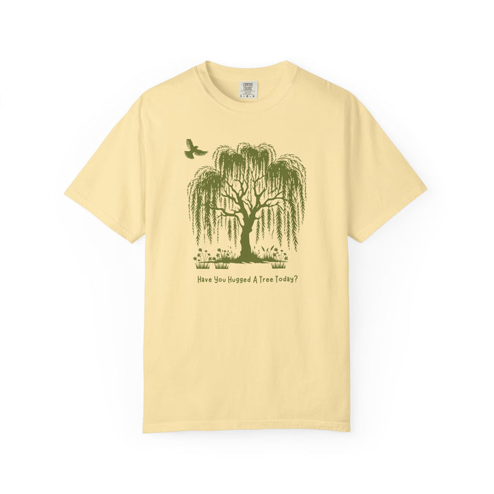 Yellow t-shirt with a willow tree graphic and text that says 'Have you hugged a tree today?'