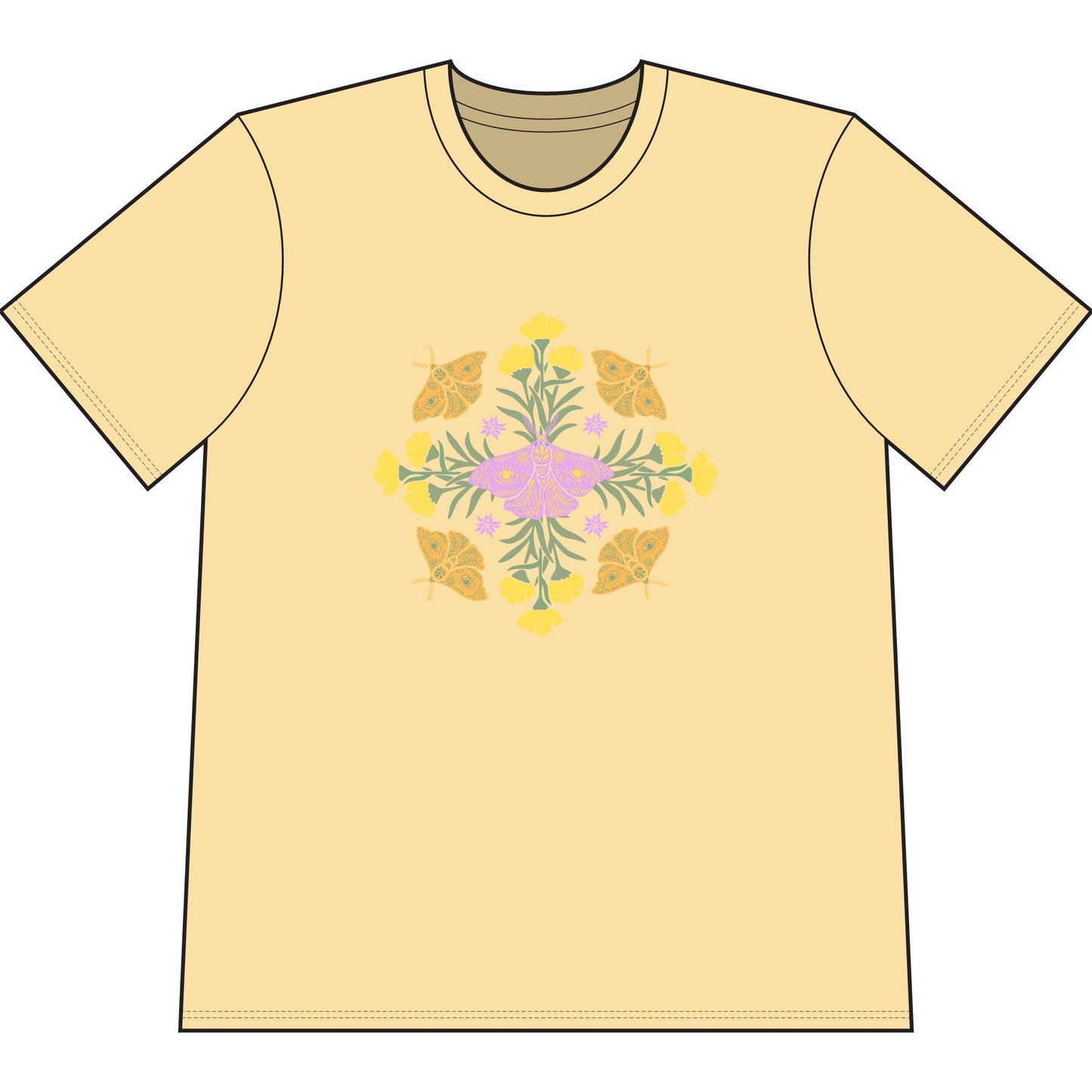 Yellow  organic cotton t-shirt with graphic of butterflies and flowers in shape of a mandala.