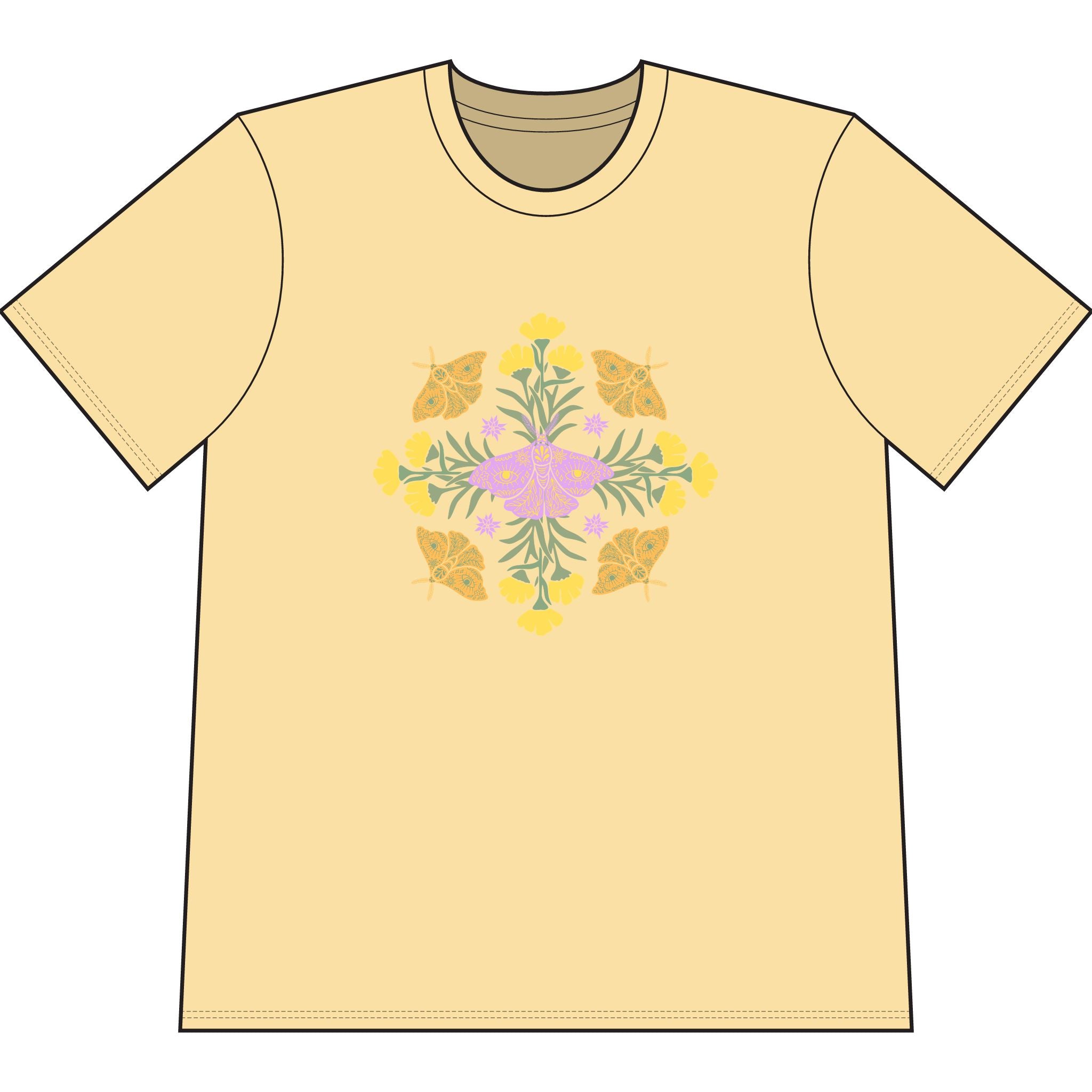 Yellow  organic cotton t-shirt with graphic of butterflies and flowers in shape of a mandala.