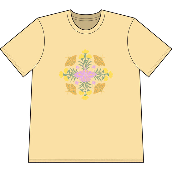 Yellow  organic cotton t-shirt with graphic of butterflies and flowers in shape of a mandala.