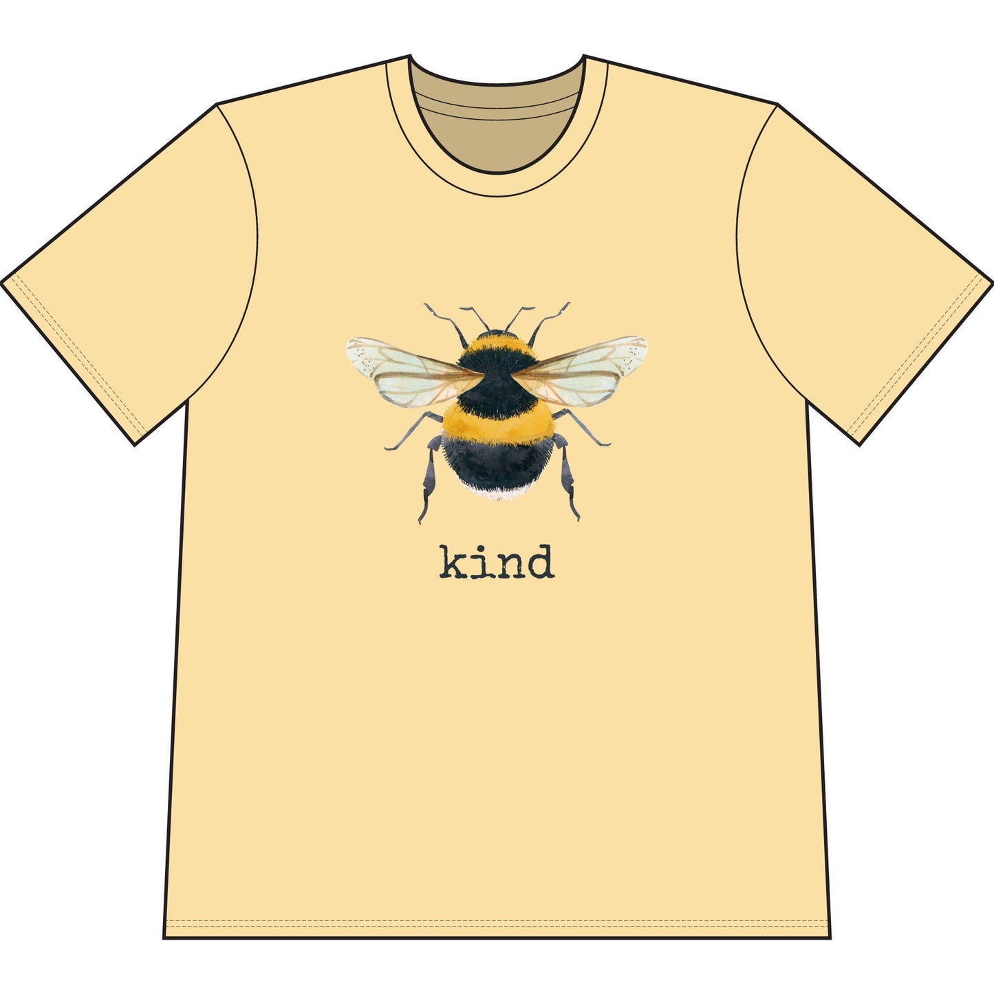Yellow organic cotton short sleeve, crew neck t-shirt has graphic of a bumble bee and text that says "kind"
