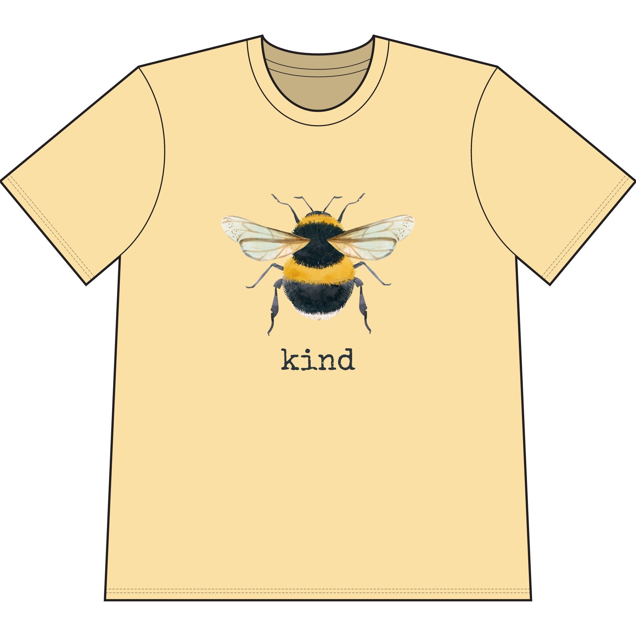 Yellow organic cotton short sleeve, crew neck t-shirt has graphic of a bumble bee and text that says "kind"