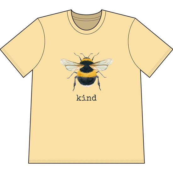 Yellow organic cotton short sleeve, crew neck t-shirt has graphic of a bumble bee and text that says "kind"