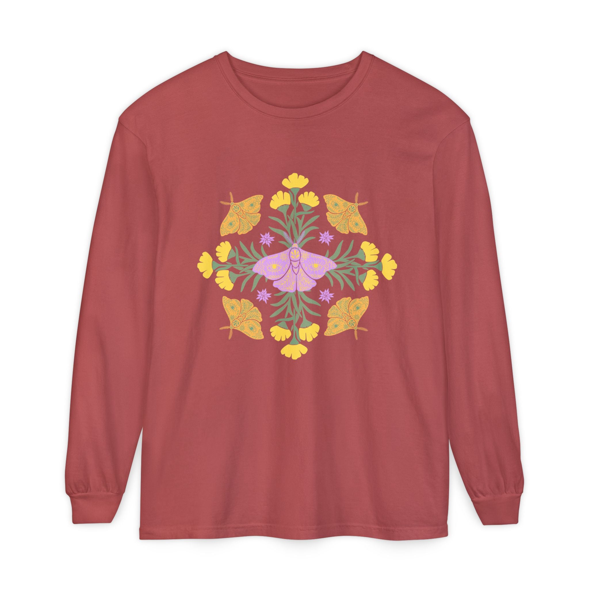 Red  long-sleeve crewneck t-shirt featuring a colorful central graphic of a purple butterfly surrounded by yellow flowers and green leaves, with orange butterflies on either side. A mandala.