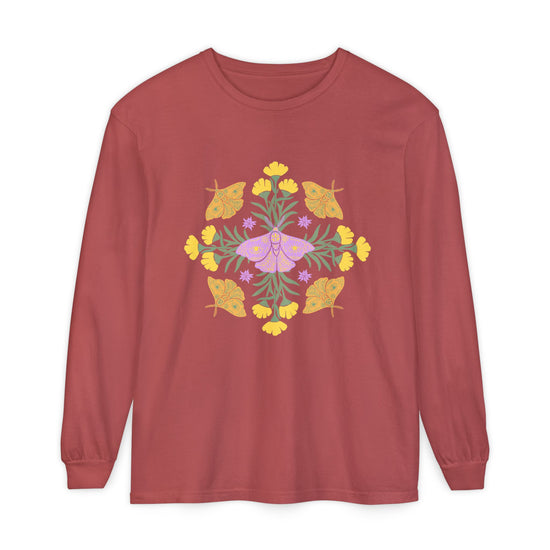 Red  long-sleeve crewneck t-shirt featuring a colorful central graphic of a purple butterfly surrounded by yellow flowers and green leaves, with orange butterflies on either side. A mandala.