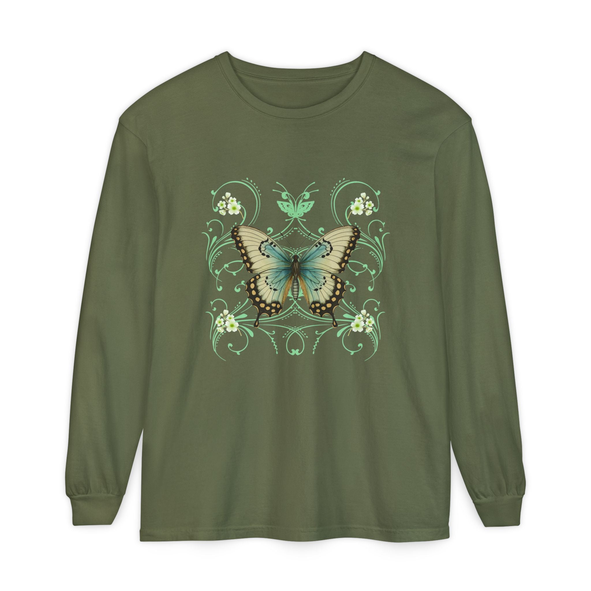 Green long sleeve, crew neck cotton t shirt has graphic pf a butterfly and  in a 90's style design.