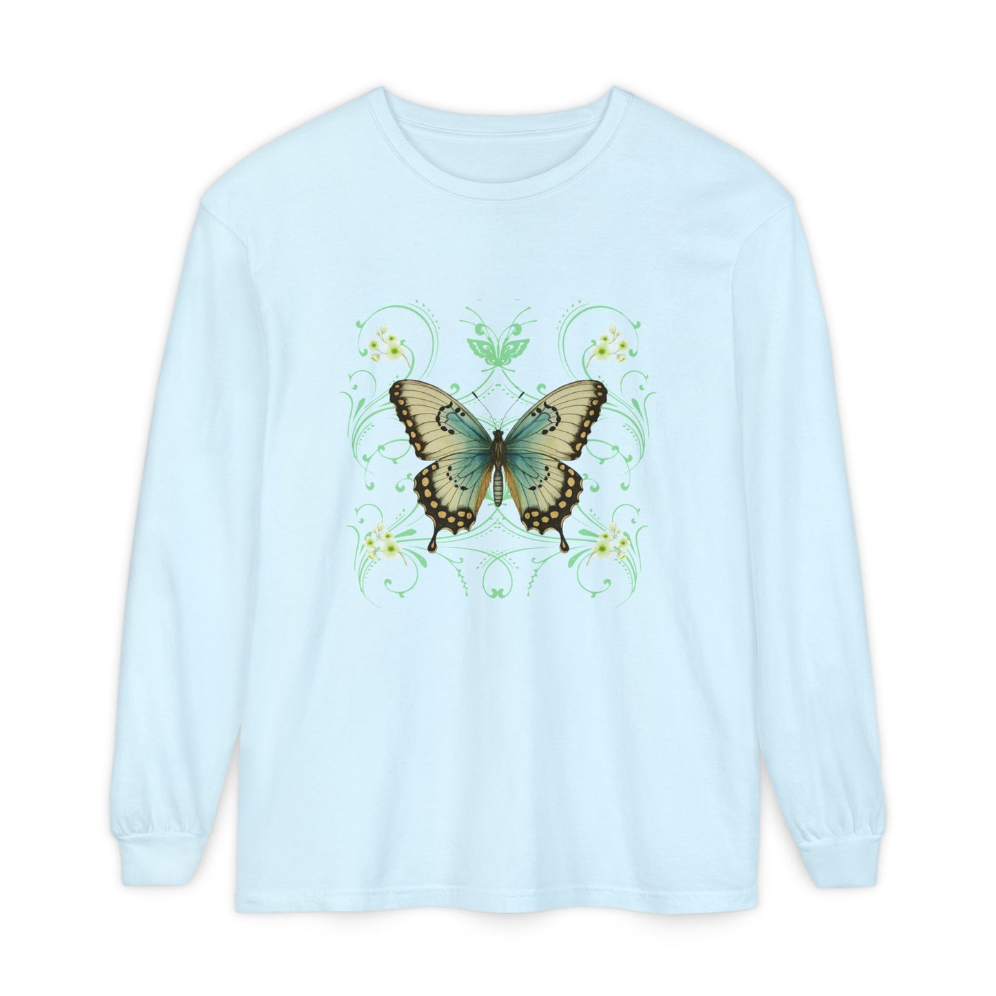 Blue long sleeve, crew neck cotton t shirt has graphic pf a butterfly and  in a 90's style design.